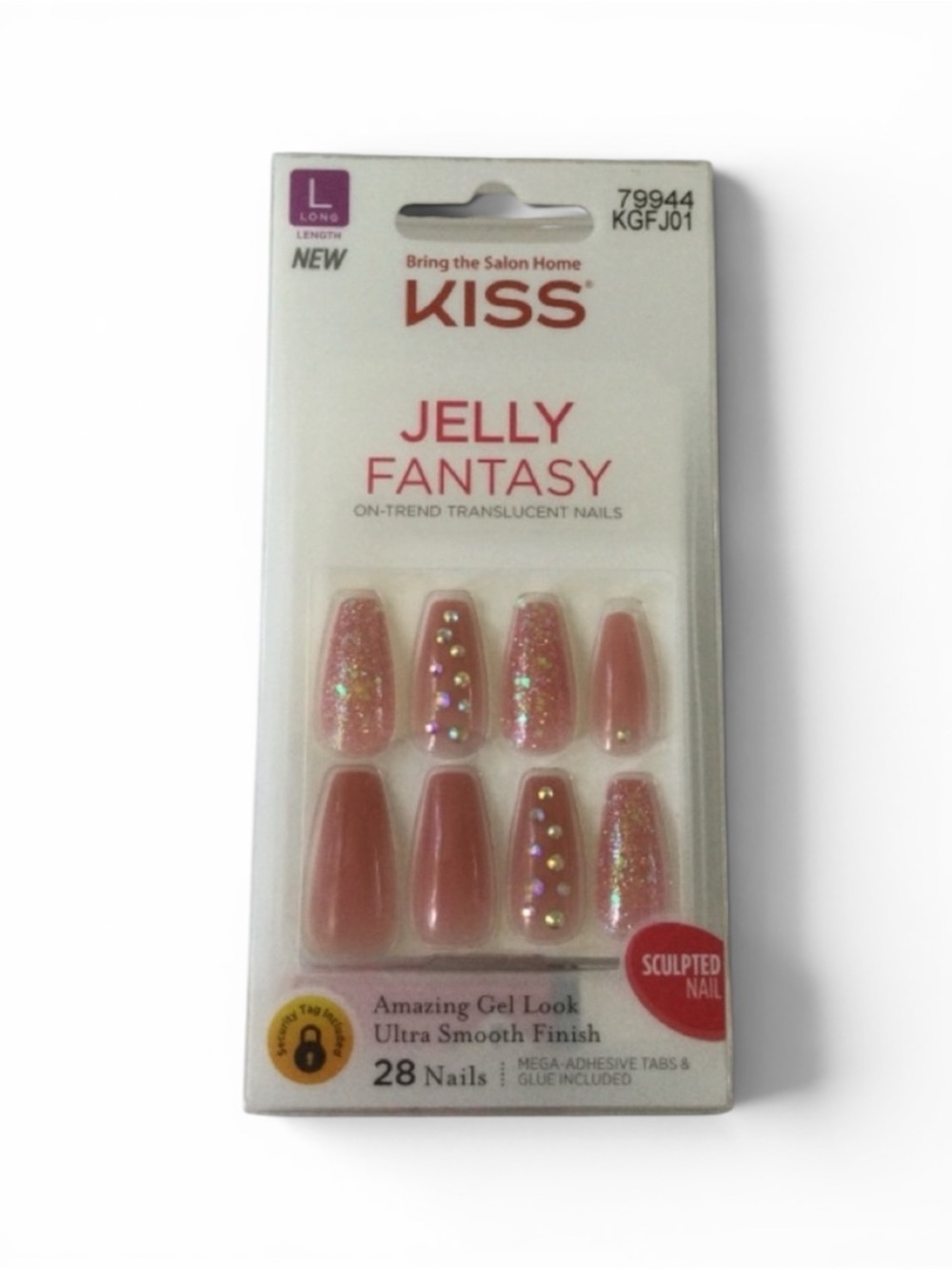 KISS Jelly Fantasy Long Pink Coffin Nails – 28 Count w/ Jeweled Accents - Picture 7 of 13
